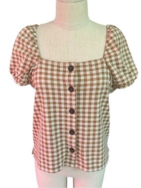 Madewell Gingham Jacquard Square Neck Brown White Puff Sleeve Top Medium
